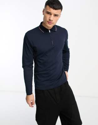 Selected Homme cotton mix long sleeve polo with zip in navy - ASOS Price Checker