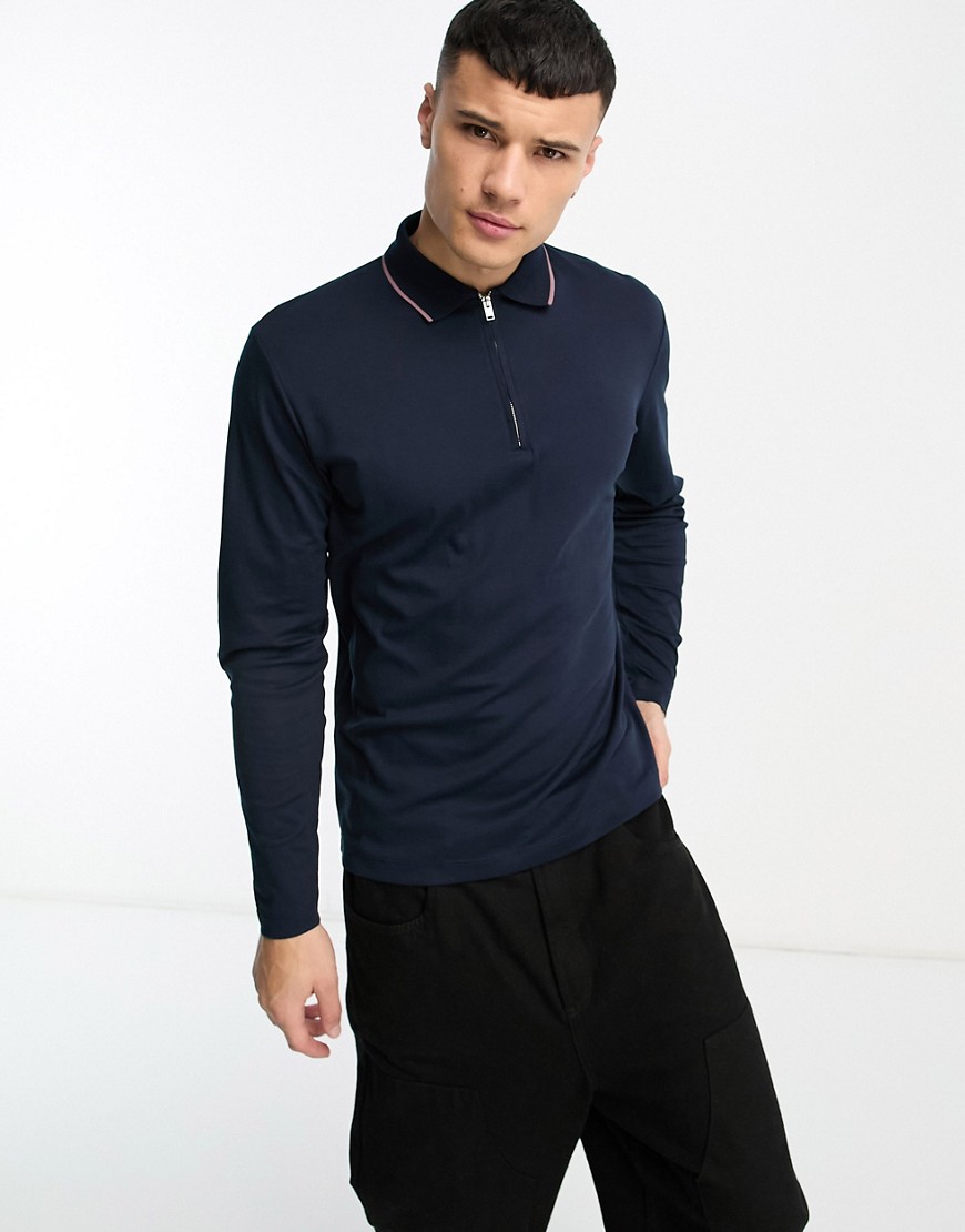 Selected Homme Long Sleeve Polo In Navy In White