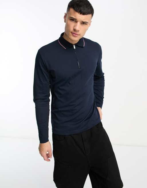 Selected Homme cotton mix long sleeve polo with zip in navy | ASOS