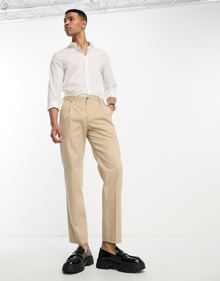 Selected Homme cotton mix loose fit smart trouser with front pleat in cream-White
