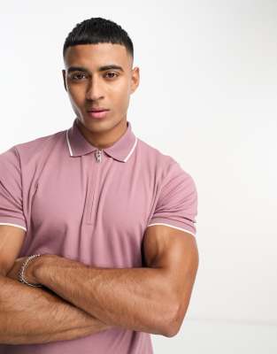 Поло из хлопковой смеси Selected Homme на молнии пыльно-розового цвета