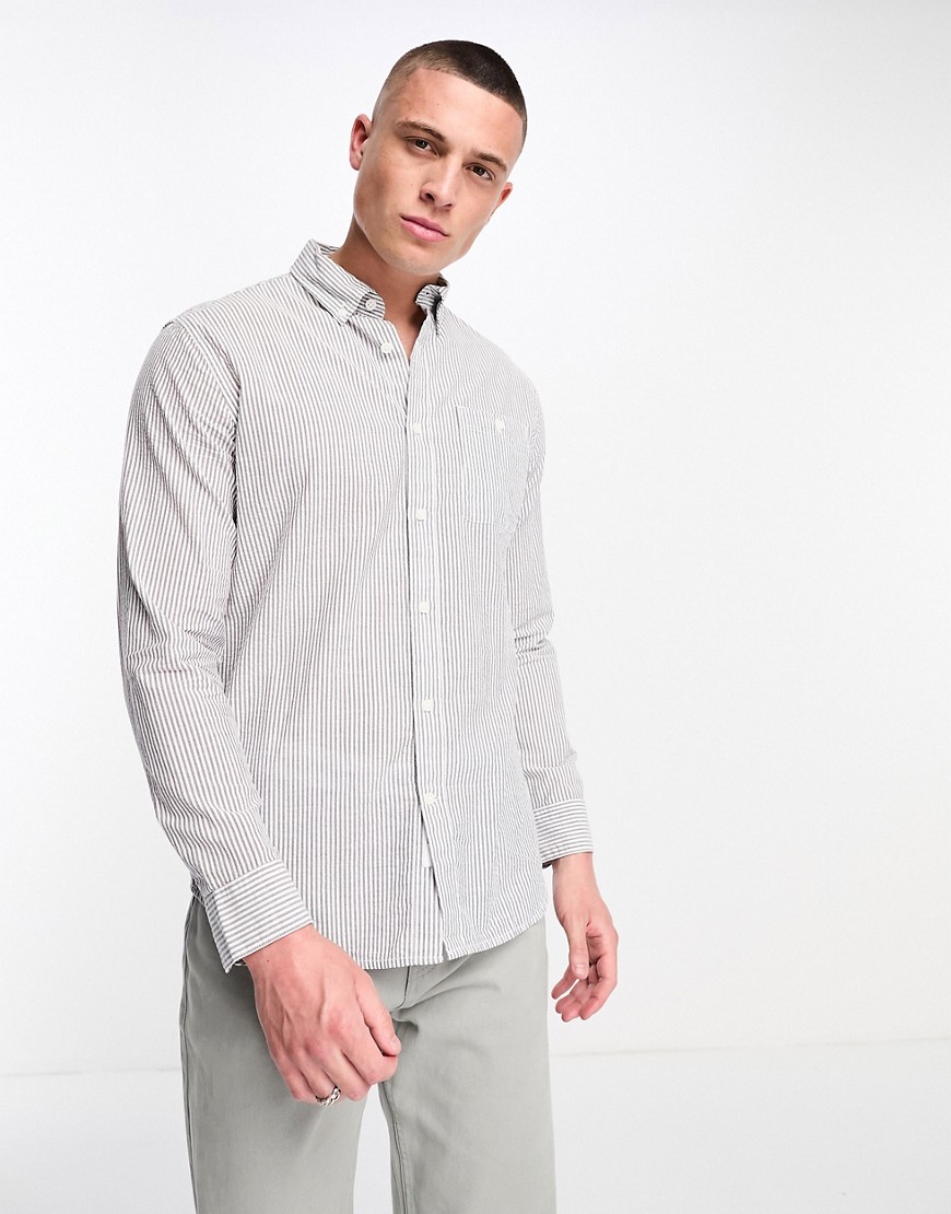 Selected Homme cotton mix seersucker shirt in beige stripe-Neutral