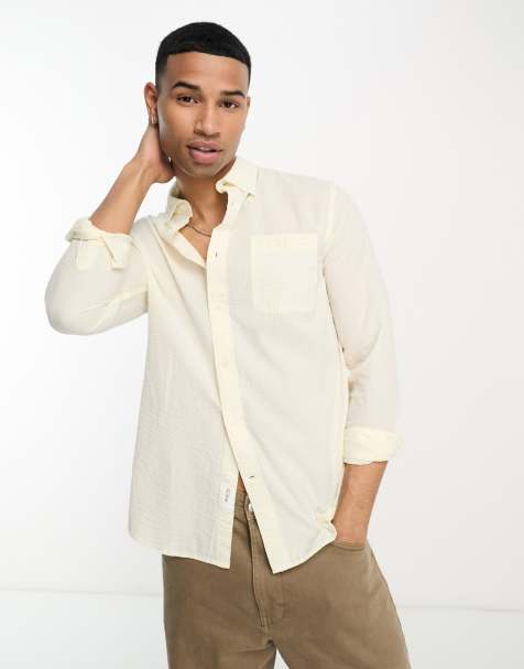 Selected Homme cotton mix seersucker shirt in off white - view 1