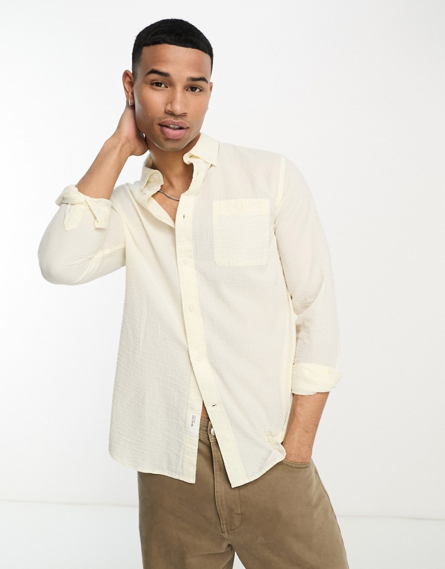 Selected Homme cotton mix seersucker shirt in off white