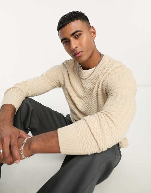 TEXTURED COTTON SWEATER - Beige