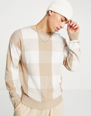 Selected Homme cotton oversized check jumper in beige & cream - MULTI - ASOS Price Checker