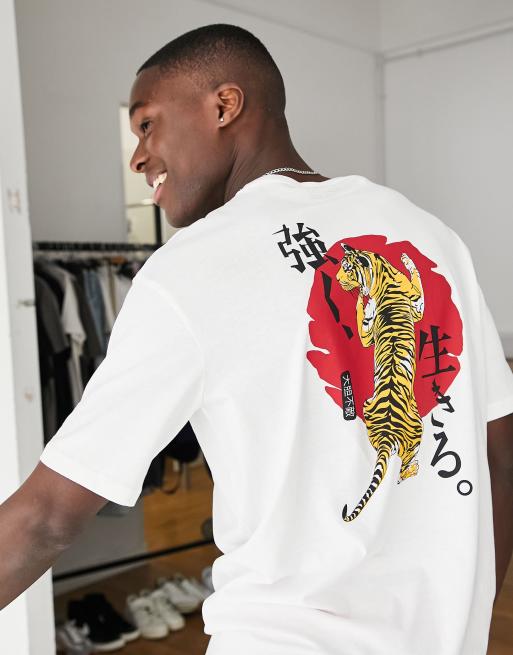 Selected Homme cotton oversized t shirt with tiger back print in white WHITE