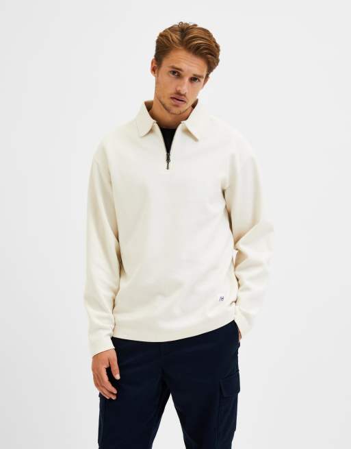 Selected Homme cotton quarter zip sweatshirt polo in cream CREAM