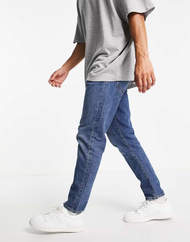 Selected Homme - cotton slim tapered jeans in mid blue - mblue