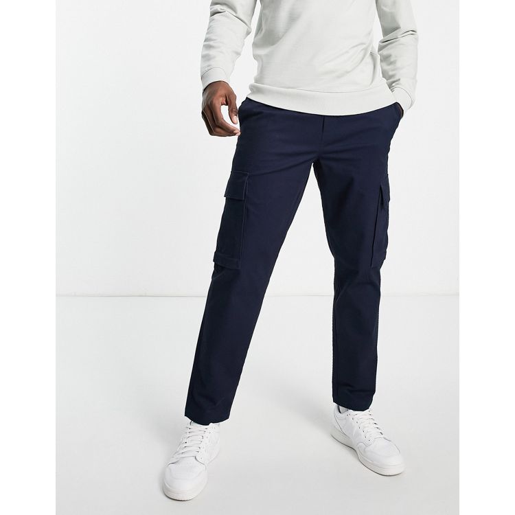 Selected Homme cotton tapered drawstring cargo pants in navy