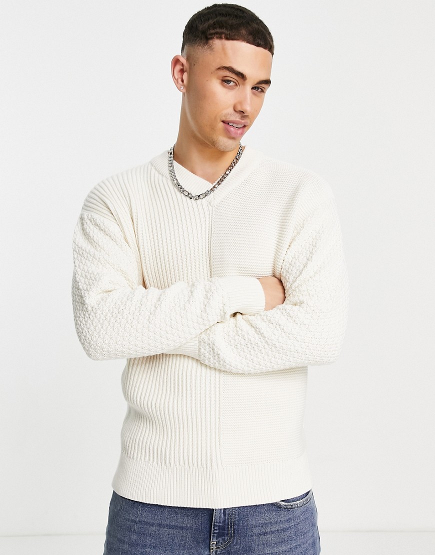 Selected Homme cotton v neck relaxed fit jumper in cream - CREAM-White