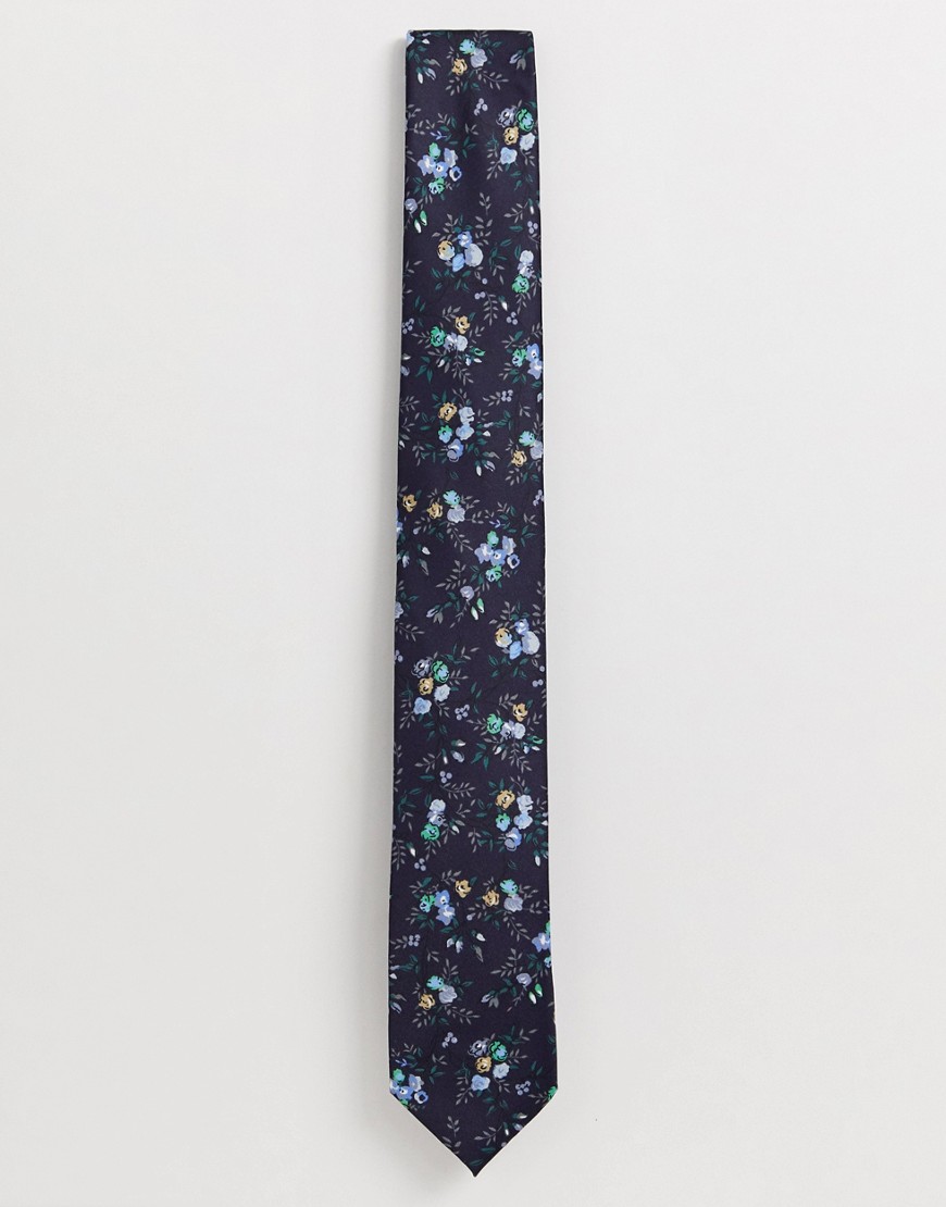 Selected Homme - Cravatta sottile blu navy a fiori