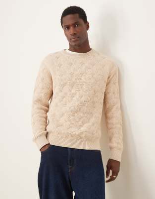 Selected Homme Selected Homme crew heavy structure knit jumper in cream-White