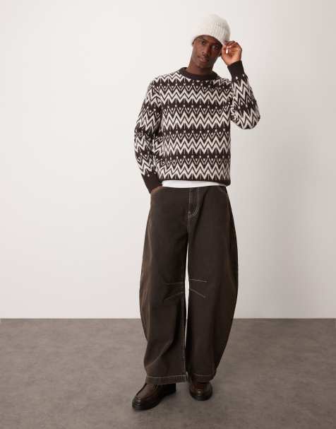 Selected Homme crew knitted jumper in cream brown pattern - view 1