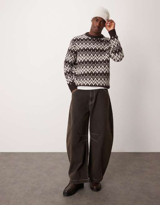 Selected Homme crew knitted jumper in cream brown pattern