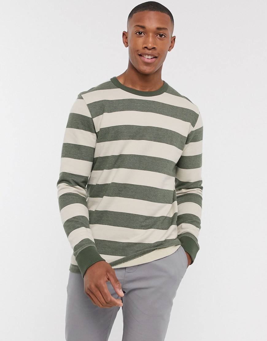 Selected Homme crew neck sweat in heavy organic cotton with breton stripe in off white