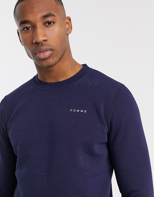 Selected Homme crew neck sweat with logo in navy