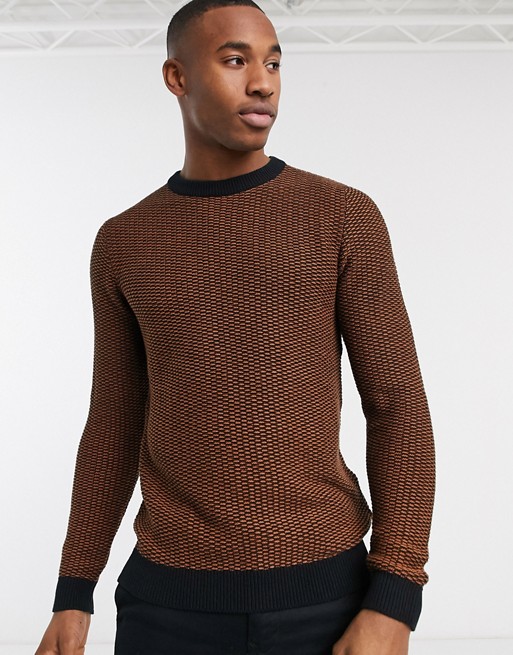 Selected Homme crew neck textured knitted jumper in caramel