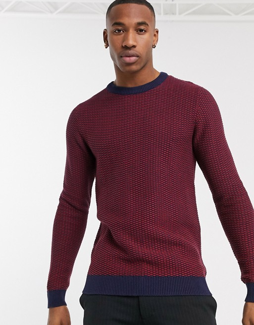 Selected Homme crew neck textured knitted jumper in red
