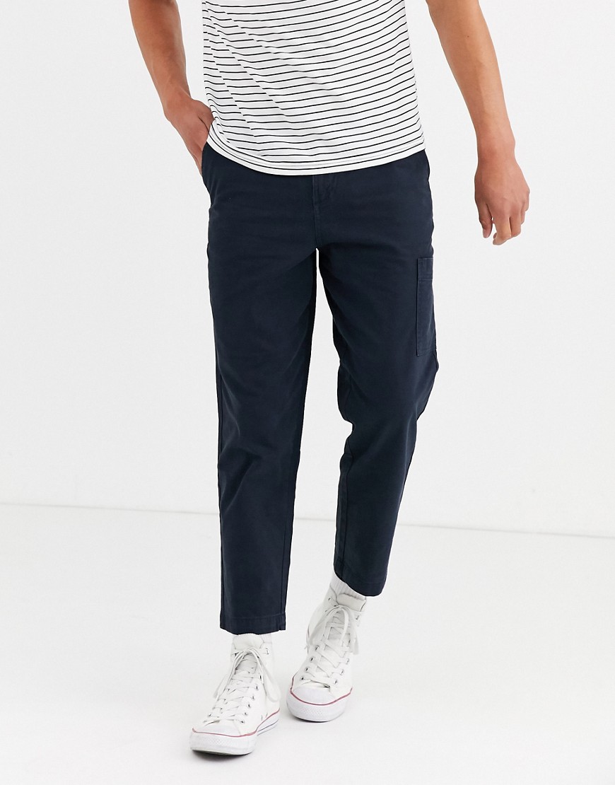 Selected Homme - cropped bukser med snedkerlommer-Marineblå