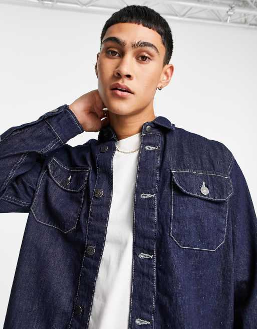 Selected Homme denim worker jacket in dark blue with contrast stitch part of a set