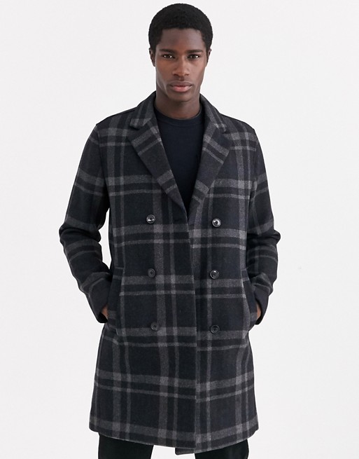 Selected Homme double breasted check wool peacoat in grey