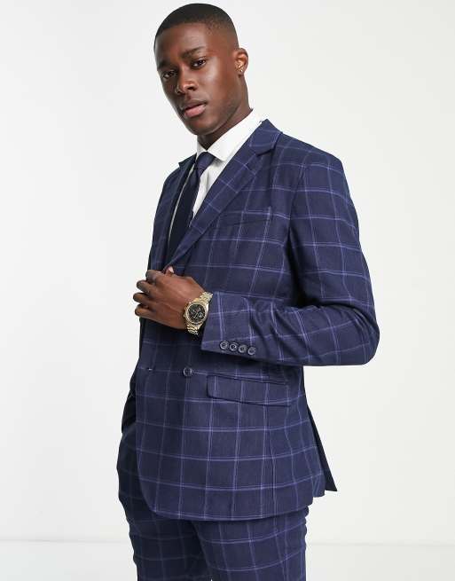 Selected Homme double breasted suit jacket in navy check linen mix