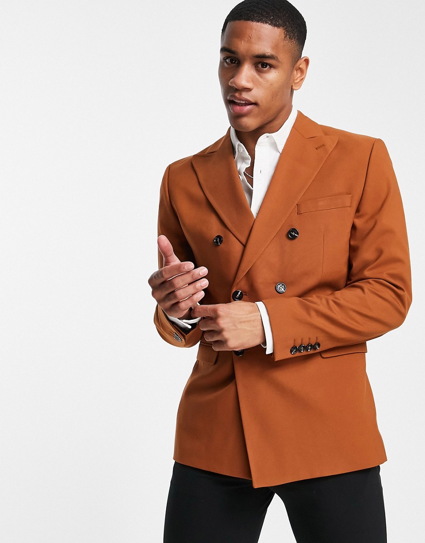 Selected Homme double breasted suit jacket in tan-Brown
