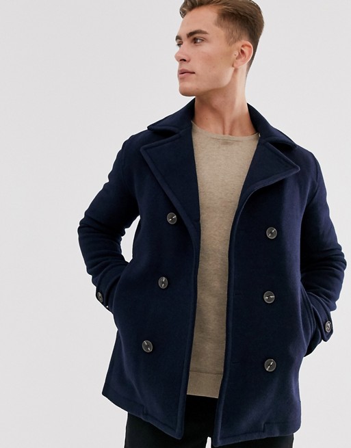 Selected Homme double breasted wool peacoat in navy