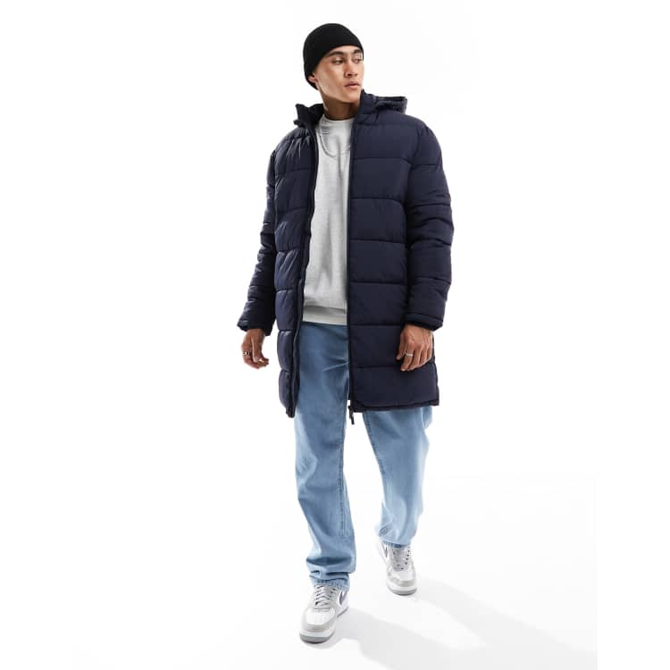 Selected Homme Doudoune longue a capuche Bleu marine