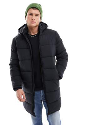 Selected Homme longline puffer jacket with hood in black - ASOS Price Checker