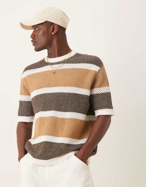 Selected Homme – Dzianinowy T-shirt w beżowo-brązowe paski