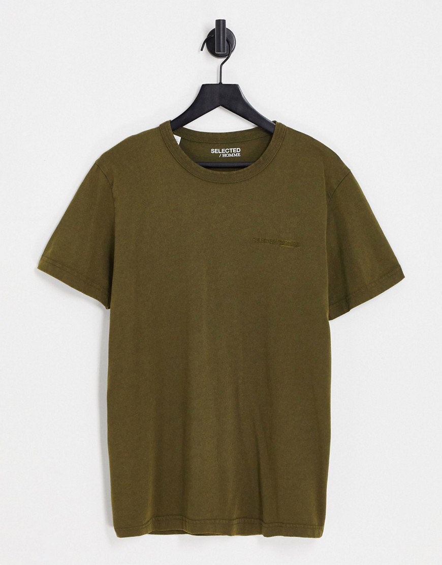 Selected Homme embroided logo t-shirt in washed olive-Green