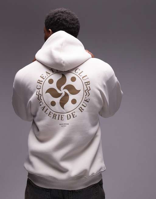 Selected Homme - Felpa color crema oversize con cappuccio e stampa sulla schiena