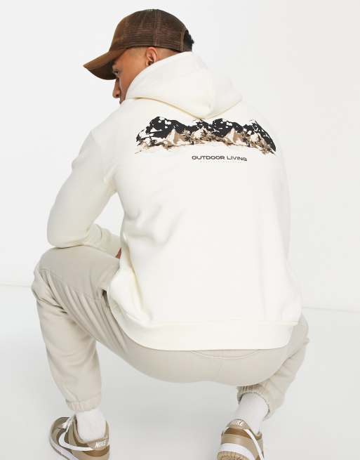 Selected Homme - Felpa con cappuccio oversize beige con stampa di montagne sul retro