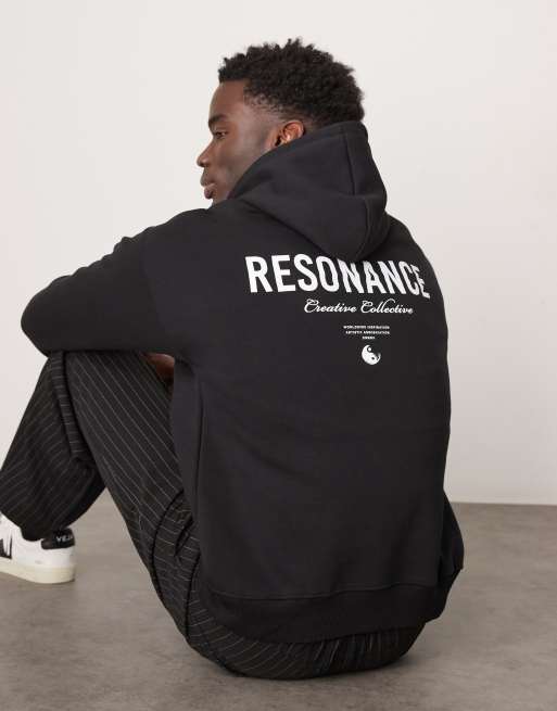 Selected Homme - Felpa con cappuccio oversize nera con scritta stampata sul retro