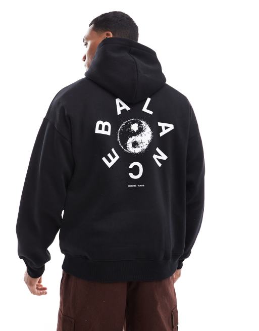 Selected Homme - Felpa con cappuccio oversize nera con stampa circolare di scritta 