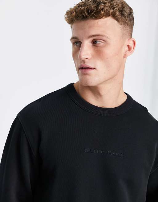 Selected Homme - Felpa girocollo con logo, colore nero slavato