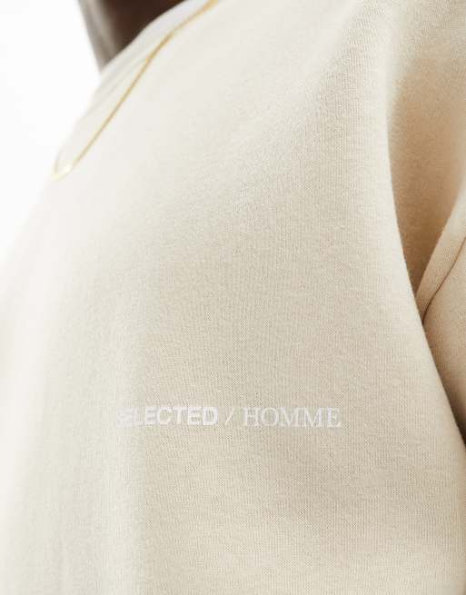 Selected Homme - Felpa girocollo oversize squadrata beige , 4 di 4