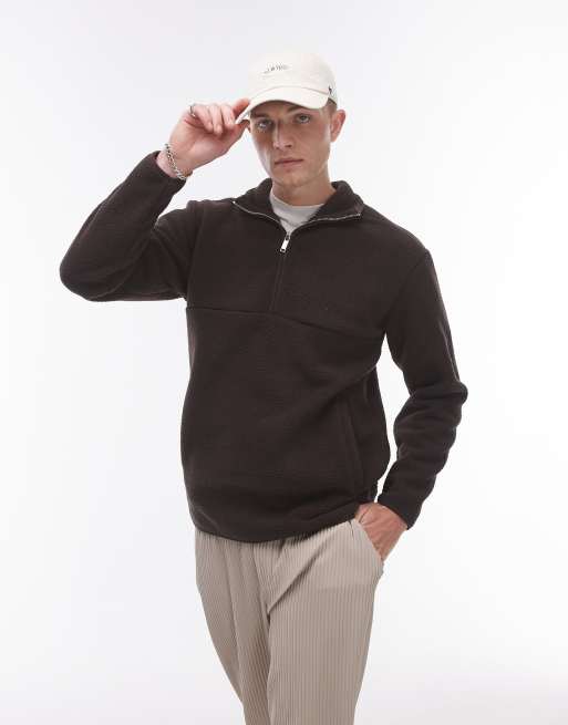 Selected Homme - Felpa marrone in pile borg con zip corta