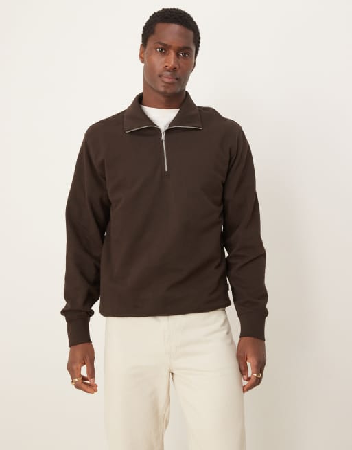 Selected Homme - Felpa oversize marrone con zip corta