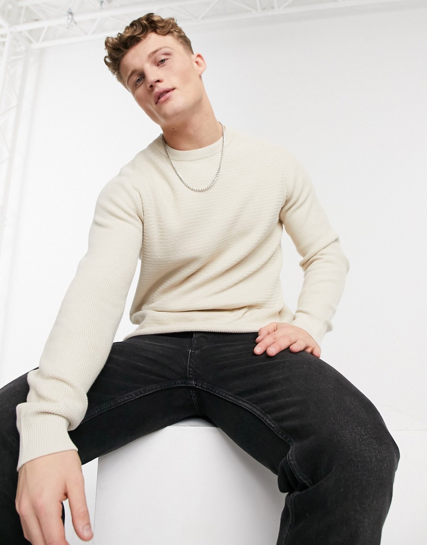 Selected Homme fine knit sweater in cream-White