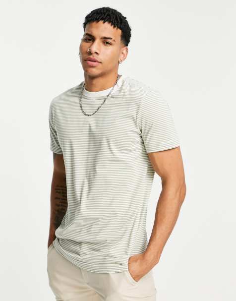 Selected Homme fine stripe t-shirt in khaki in cotton - KHAKI - view 1