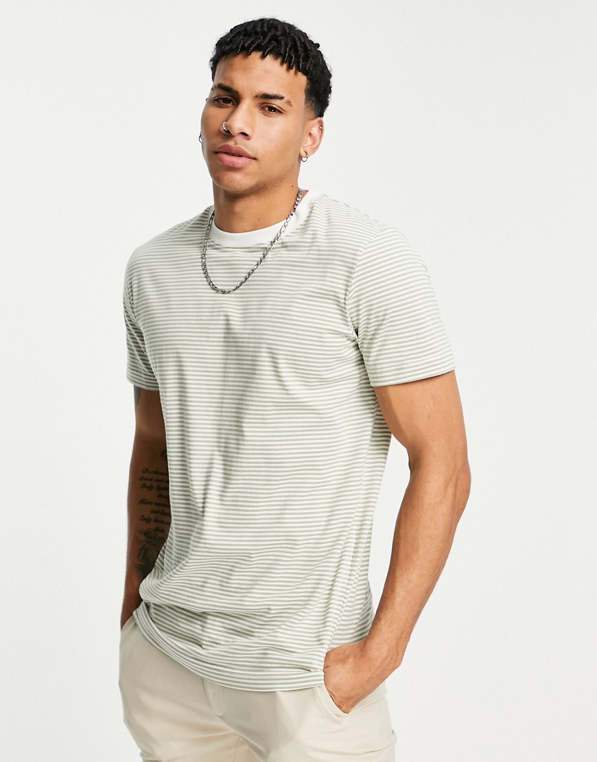 Selected Homme fine stripe t-shirt in khaki in organic cotton-Green