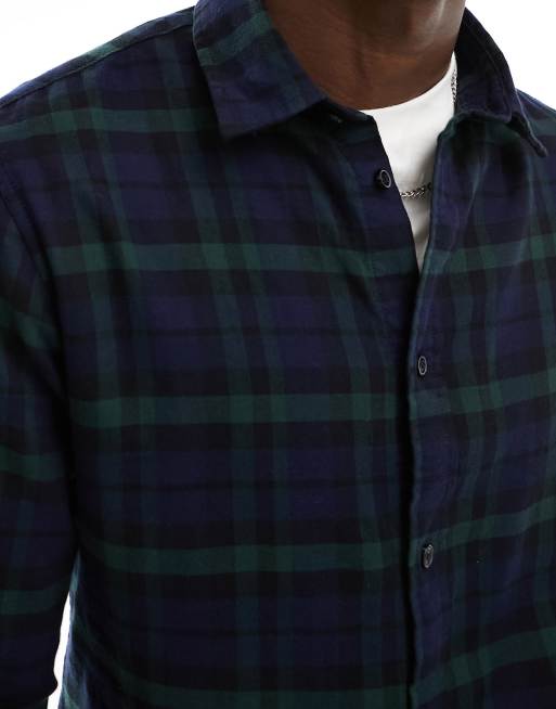 Selected Homme flannel plaid shirt in navy and green