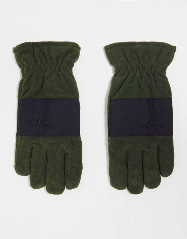 Selected Homme fleece gloves in khaki color block