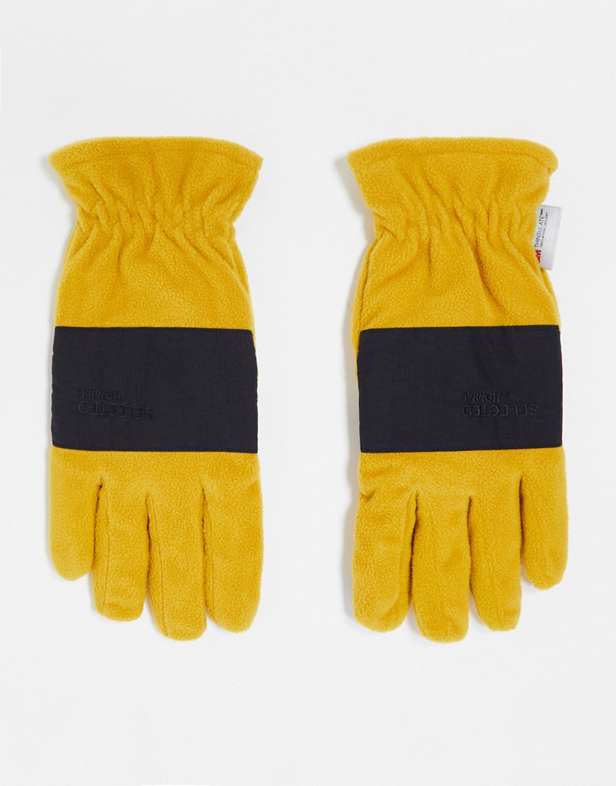 Selected Homme Fleece Gloves In Yellow Color Block
