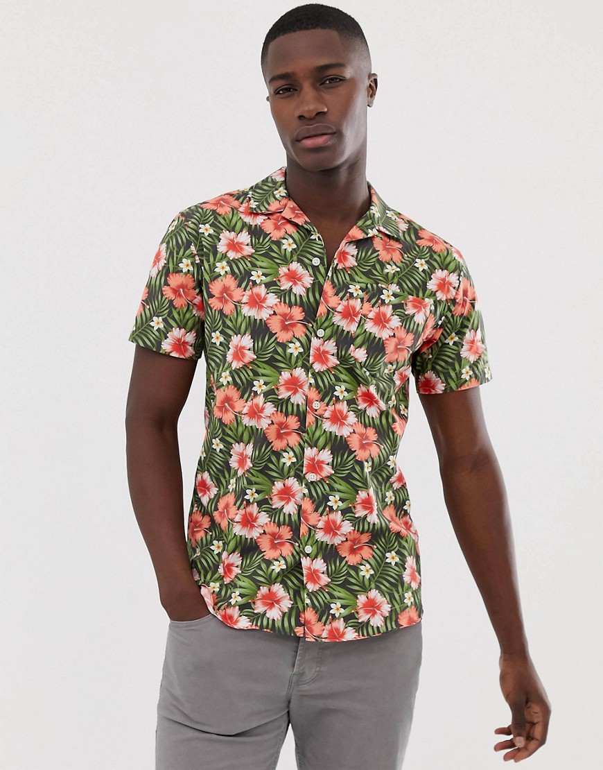 Selected Homme floral graphic print revere collar short sleeve shirt in green