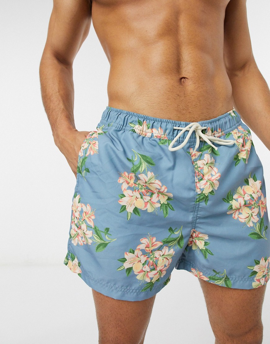 Selected Homme floral print swim shorts in blue