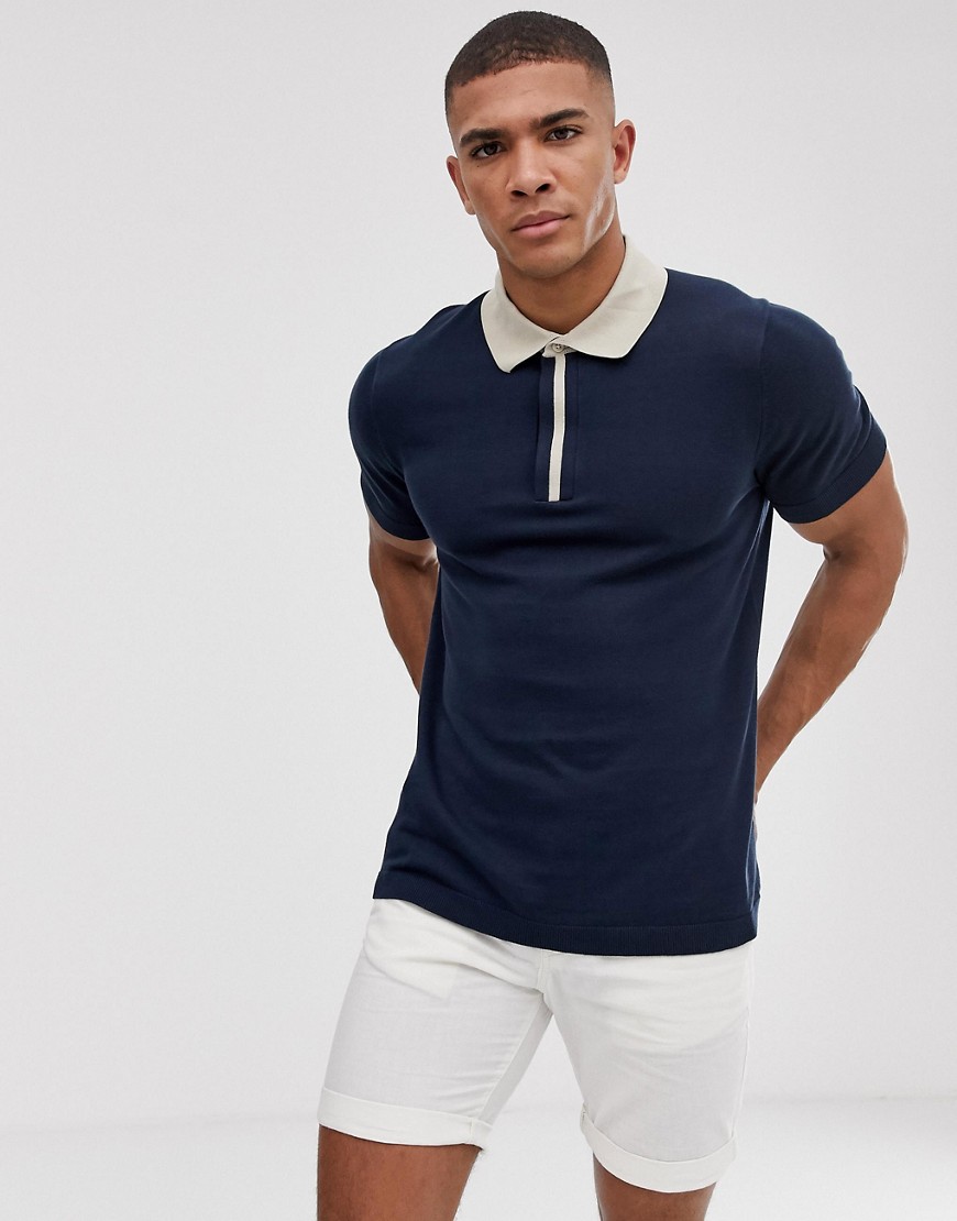 Selected Homme - Gebreid polohemd met contrasterende knoopbies en boord-Marineblauw